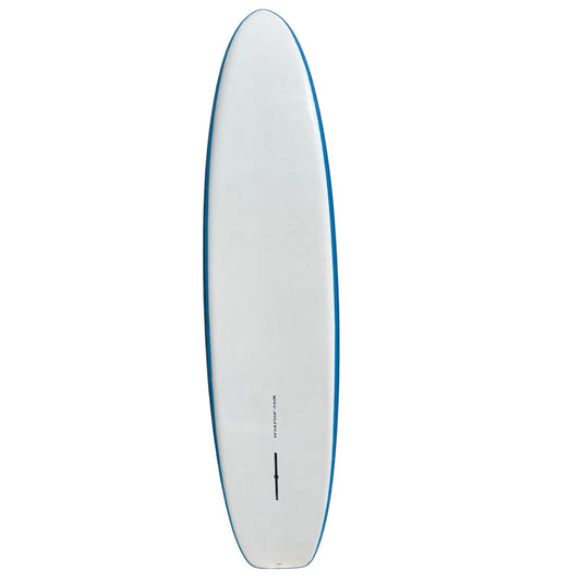White surfboard with blue edges on a white background