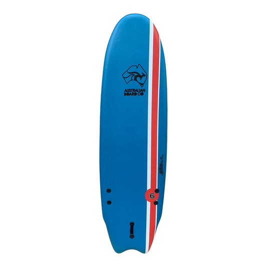 Blue surfboard with red and white stripes on a white background
