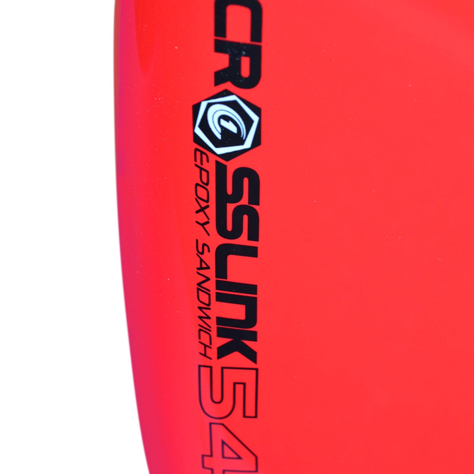 Red skimboard with 'CrossSunk' branding and text on a white background