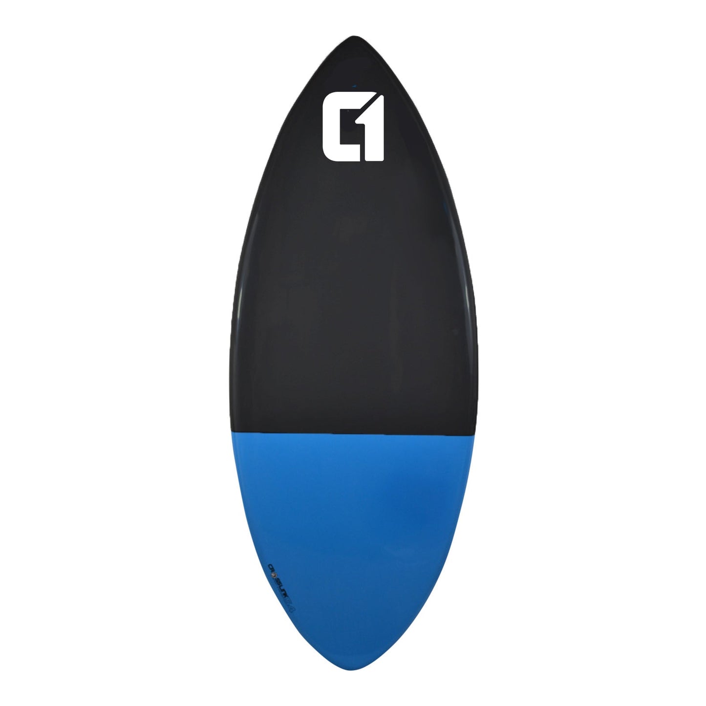 Black and blue skimboard with a logo on a white background