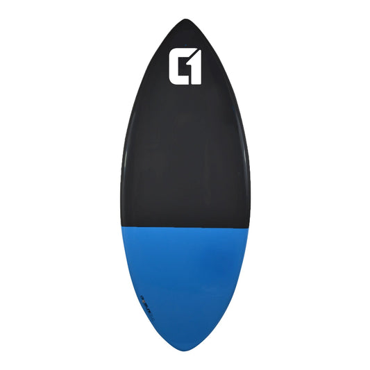 Black and blue skimboard with a logo on a white background