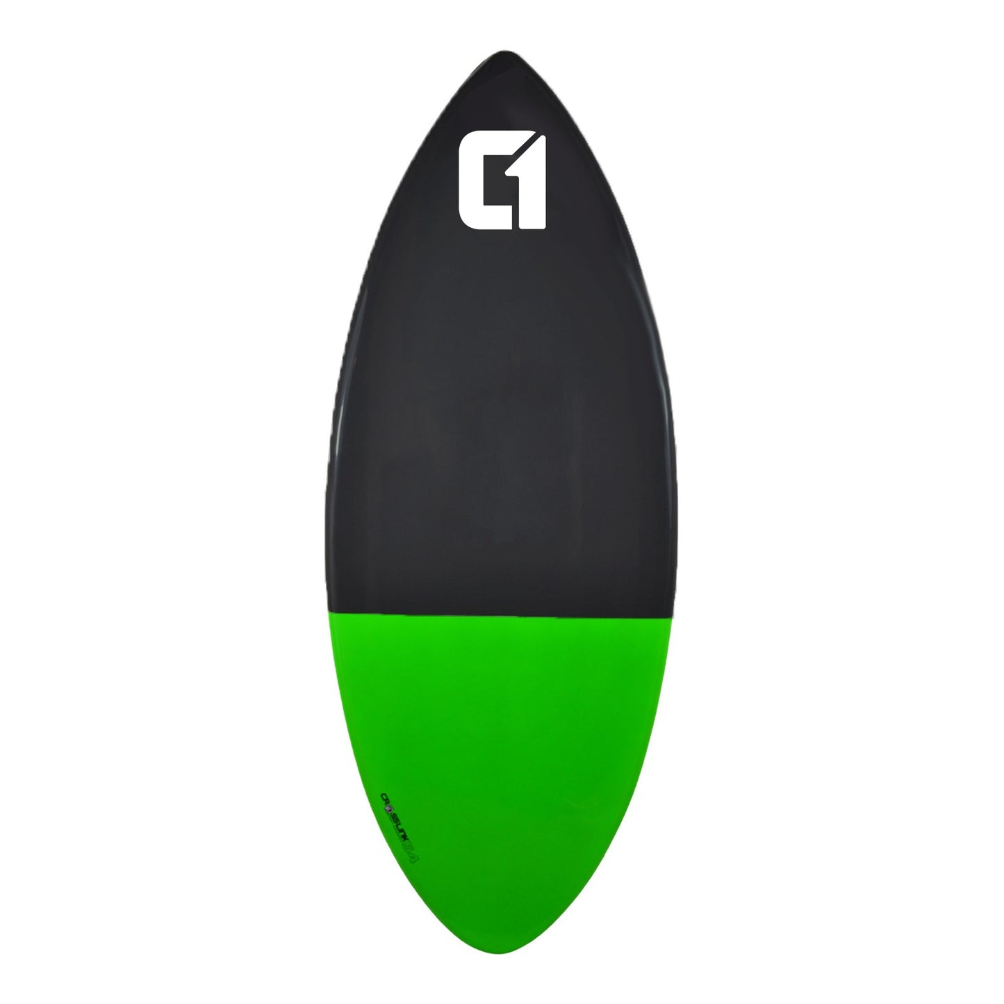 Black and green skimboard with a logo on a white background