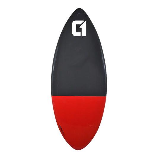 Black and red skimboard with a logo on a white background