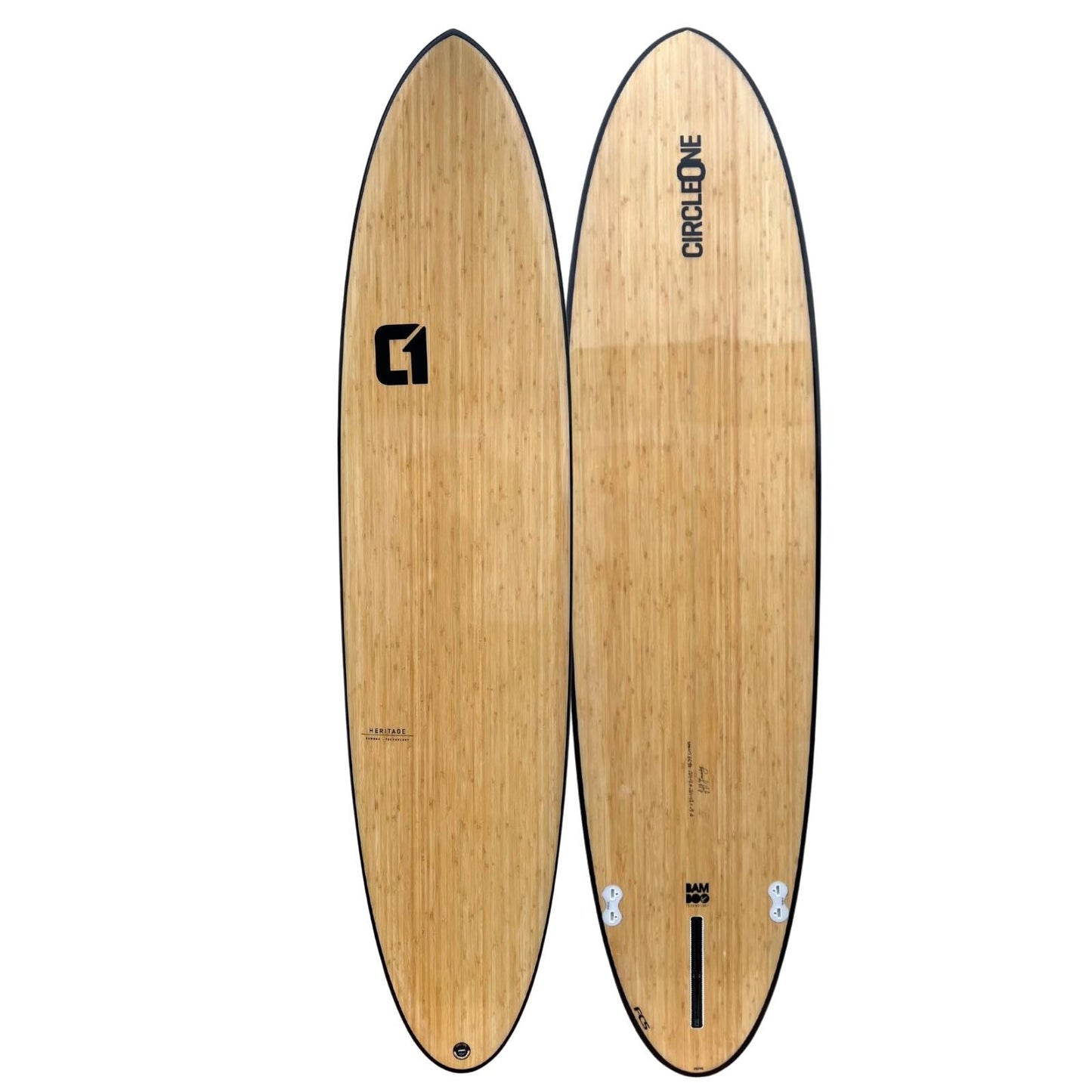 Wooden surfboard with brand logos on a white background