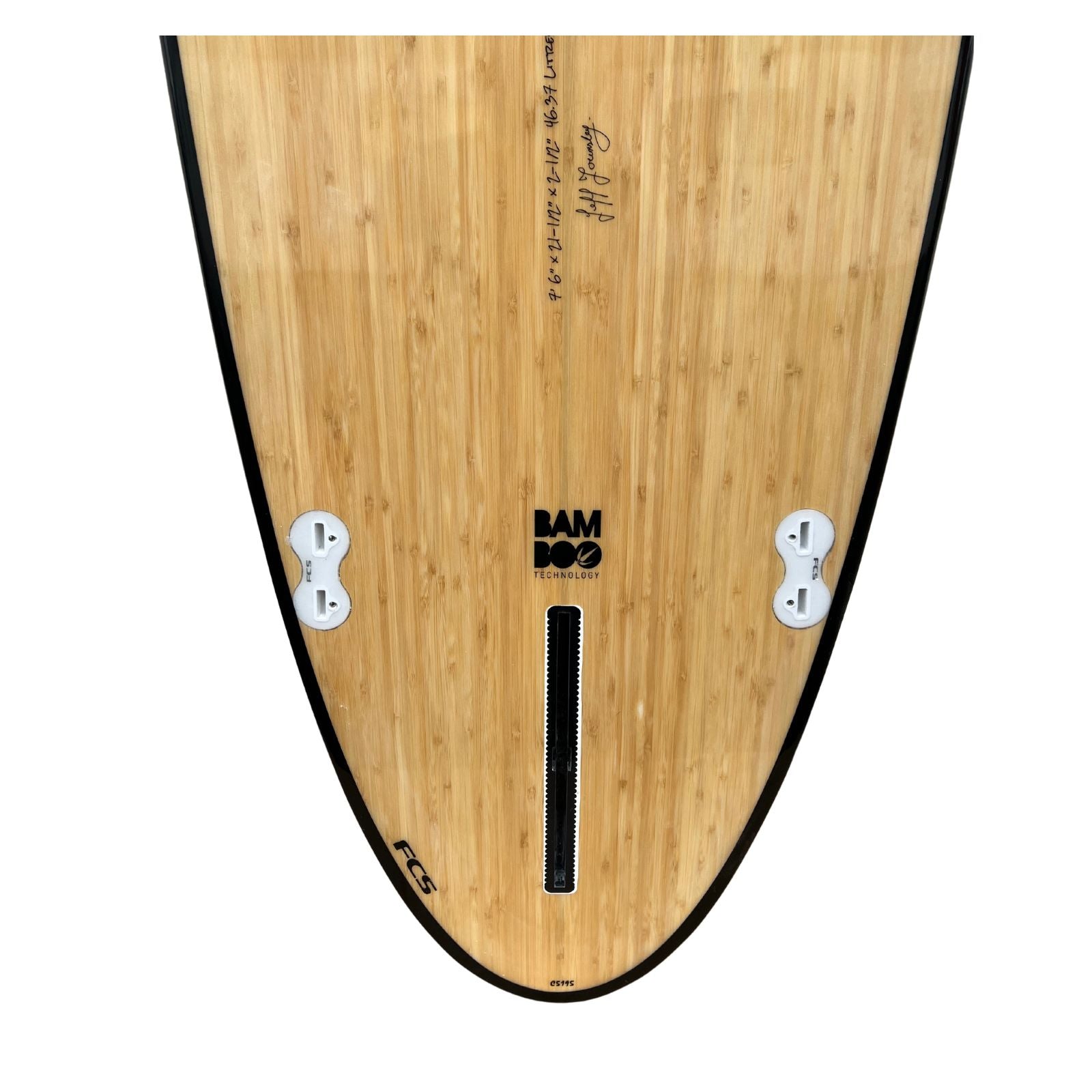 Wooden surfboard with 'Bamboo' branding on a white background
