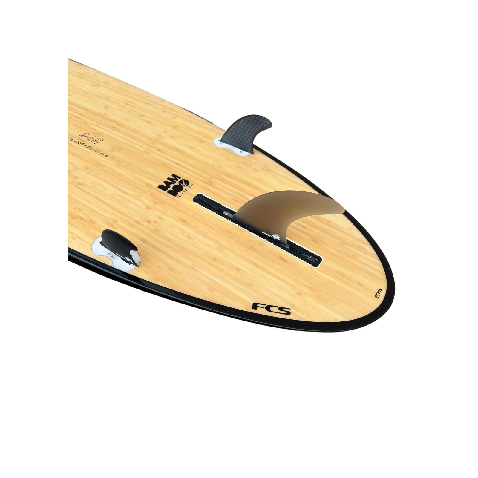 Wooden surfboard with FCS fins on a white background