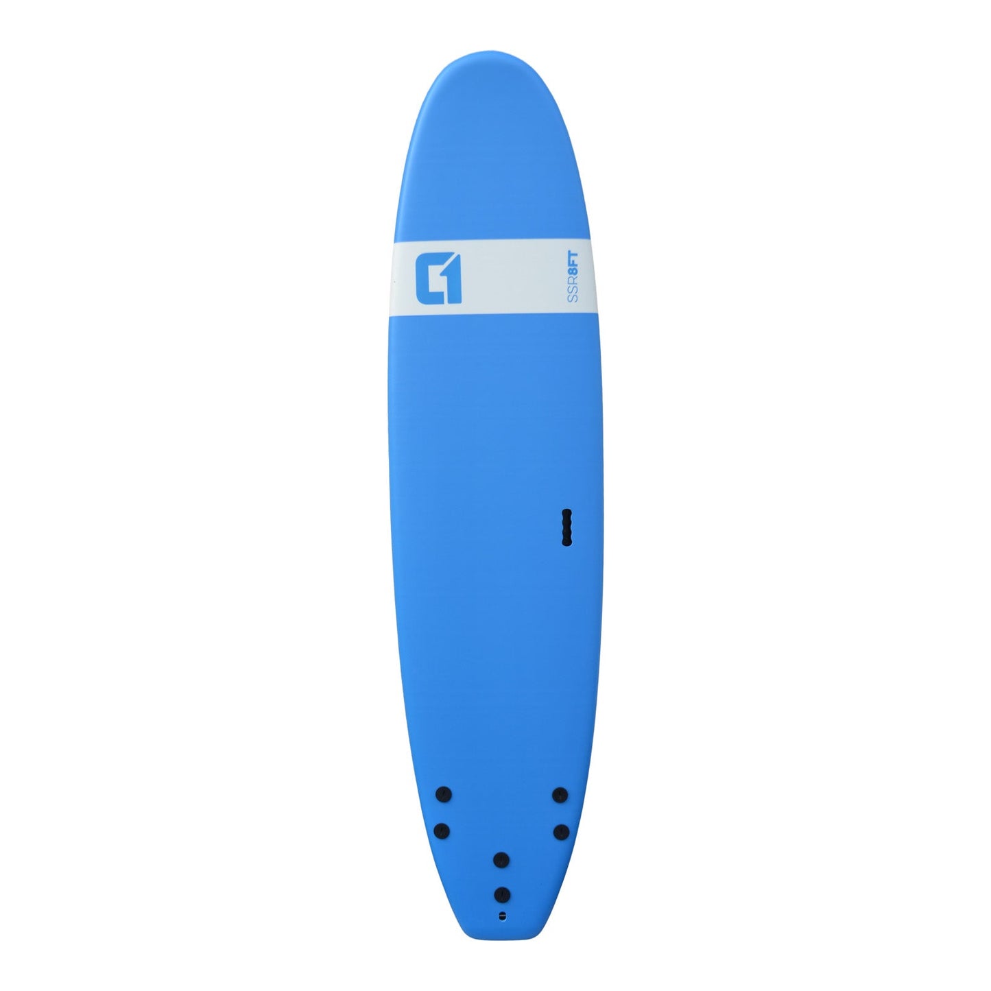Blue surfboard with a brand logo on a white background